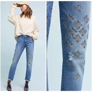 Pilcro Anthropologie Size 26 Embroidered Slim Boyfriend Pocket Blue High Rise F8
